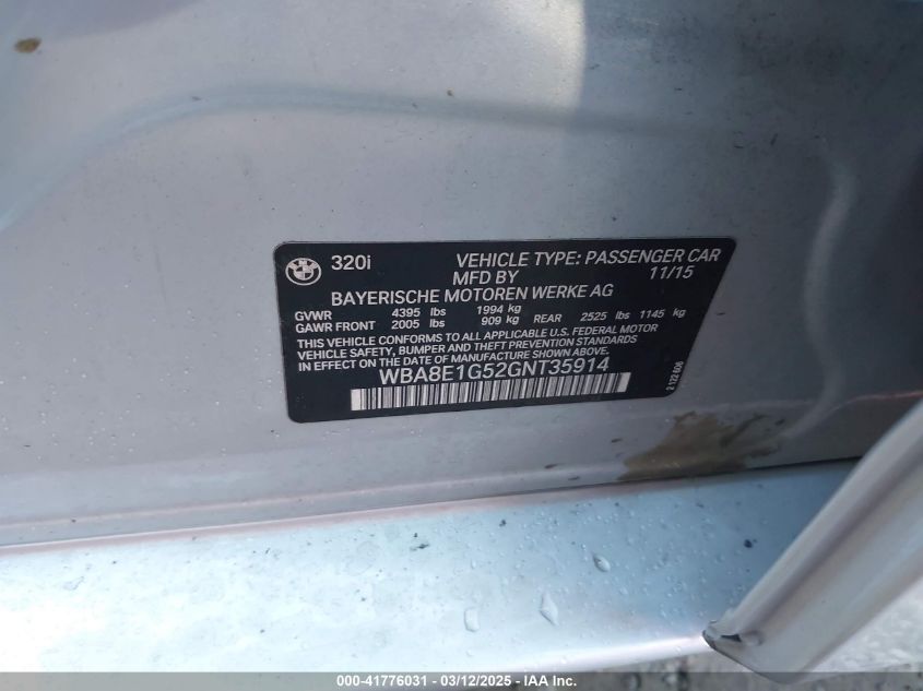 2016 BMW 320I VIN: WBA8E1G52GNT35914 Lot: 41776031