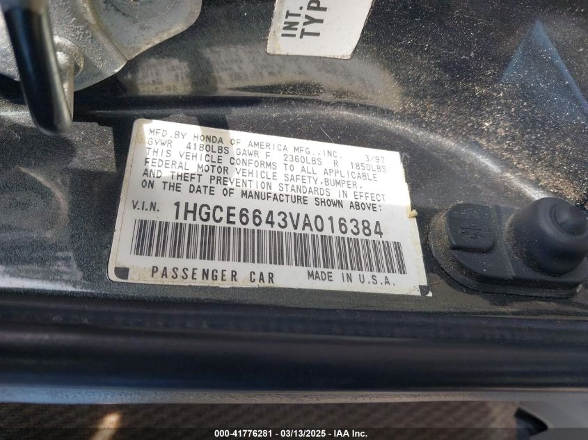 1997 Honda Accord Lx V6 VIN: 1HGCE6643VA016384 Lot: 41776281