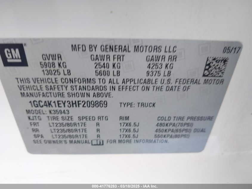 2017 Chevrolet Silverado 3500Hd High Country VIN: 1GC4K1EY3HF209869 Lot: 41776283