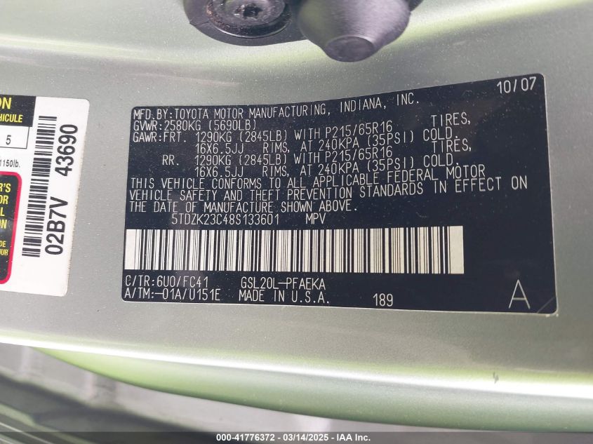 2008 Toyota Sienna VIN: 5TD2K23C485133601 Lot: 41776372