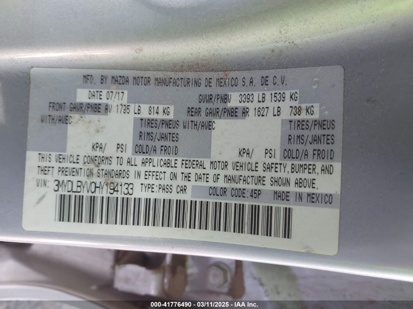 2017 Toyota Yaris Ia VIN: 3MYDLBYV0HY194133 Lot: 41776490