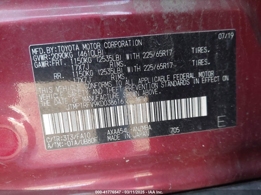 2019 TOYOTA RAV4 XLE - JTMP1RFV9KD038616