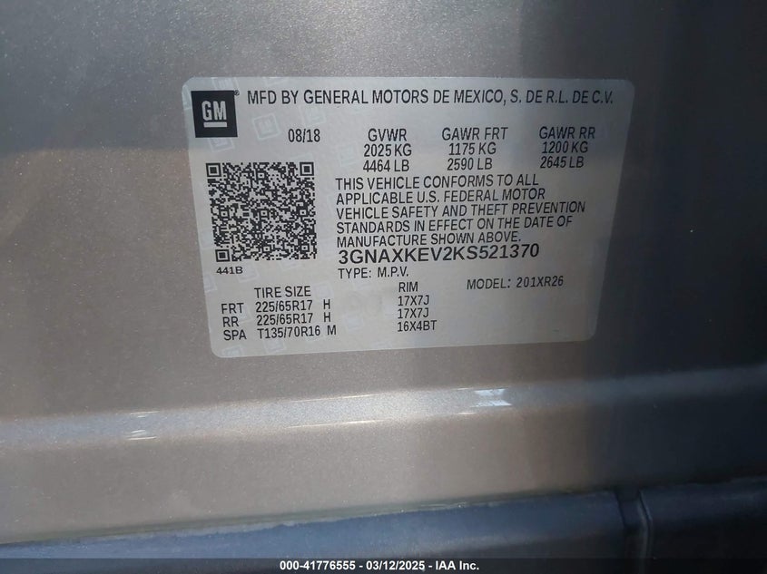 2019 CHEVROLET EQUINOX VIN: 3GNAXKEV2KS521370