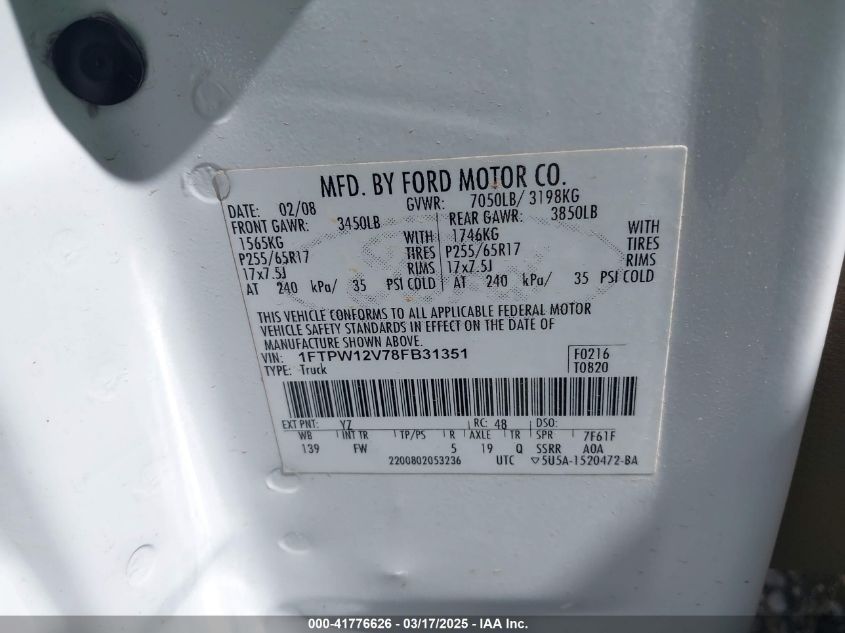 2008 Ford F-150 60Th Anniversary/Fx2/King Ranch/Lariat/Xlt VIN: 1FTPW12V78FB31351 Lot: 41776626