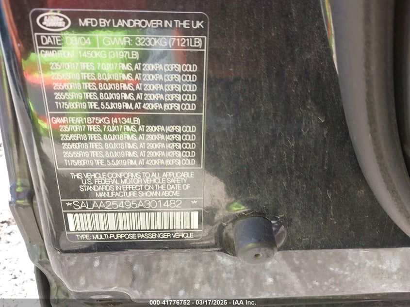 2005 Land Rover Lr3 Se VIN: SALAA25495A301482 Lot: 41776752