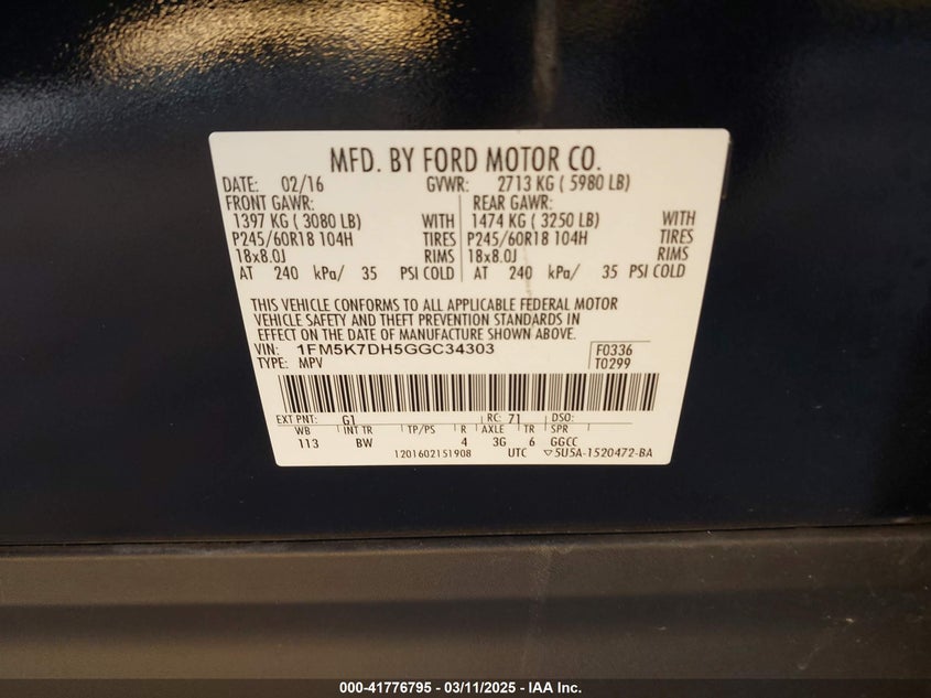2016 FORD EXPLORER VIN: 1FM5K7DH5GGC34303