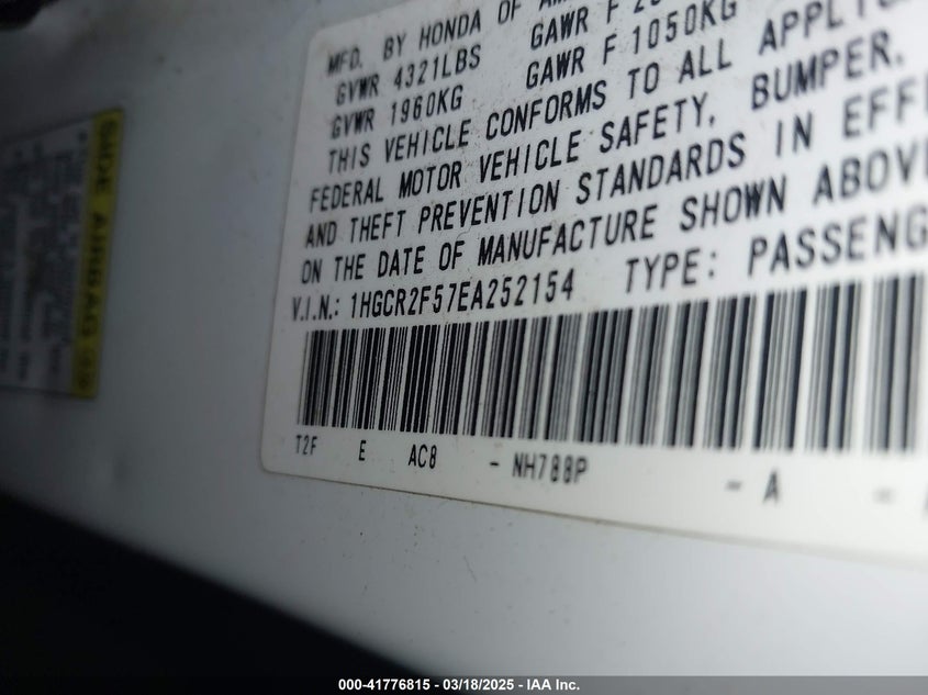 2014 HONDA ACCORD VIN: 1HGCR2F57EA252154