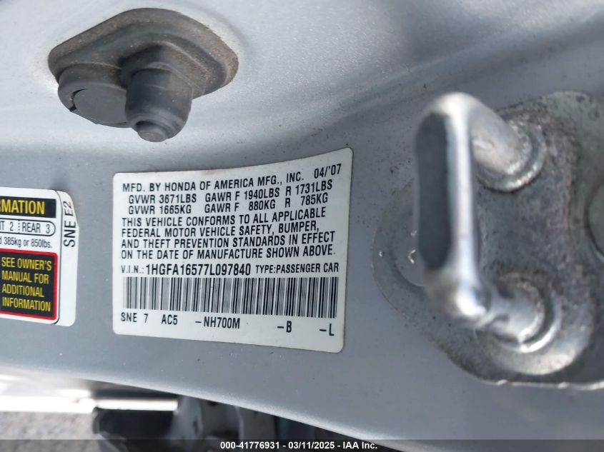 2007 Honda Civic Lx VIN: 1HGFA16577L097840 Lot: 41776931