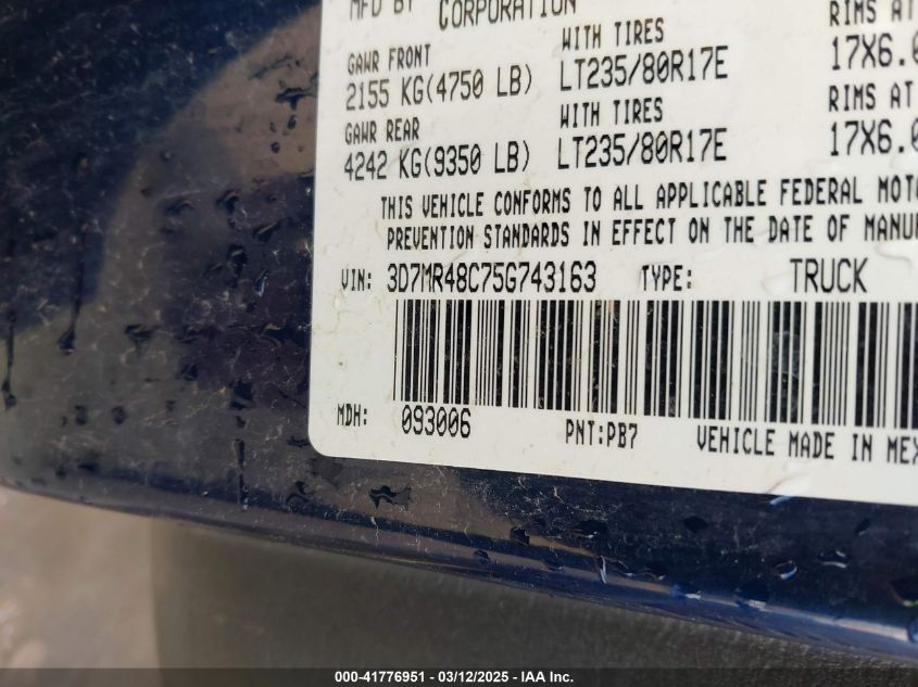 2005 Dodge Ram 3500 Slt/Laramie VIN: 3D7MR48C75G743163 Lot: 41776951