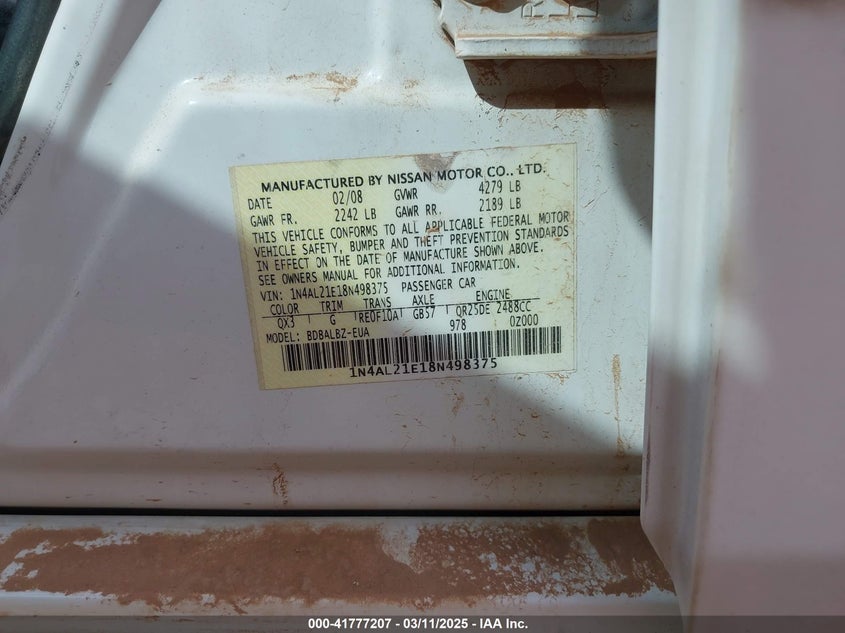 2008 NISSAN ALTIMA VIN: 1N4AL21E18N498375