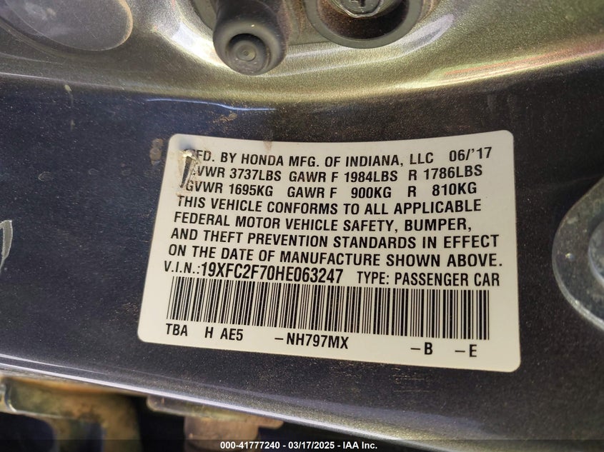 2017 HONDA CIVIC VIN: 19XFC2F70HE063247