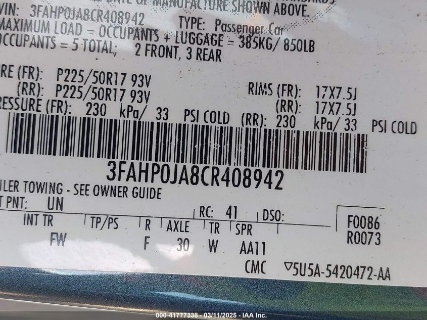 2012 Ford Fusion Sel VIN: 3FAHP0JA8CR408942 Lot: 41777338