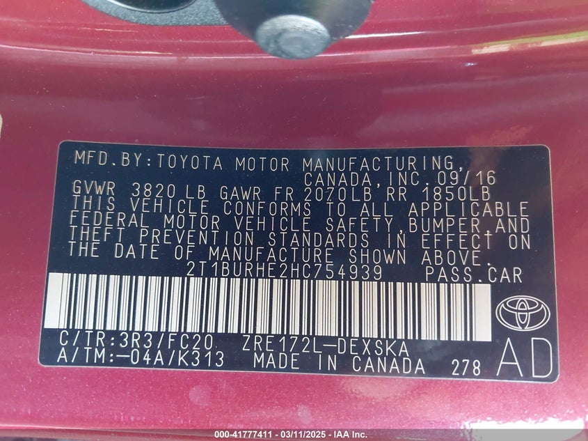 2017 TOYOTA COROLLA SE - 2T1BURHE2HC754939