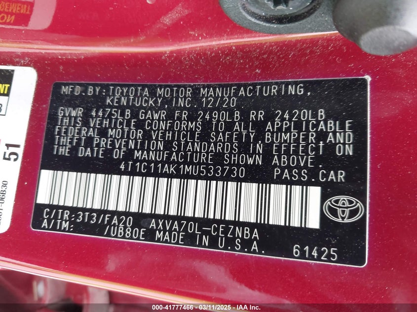 2021 TOYOTA CAMRY VIN: 4T1C11AK1MU533730