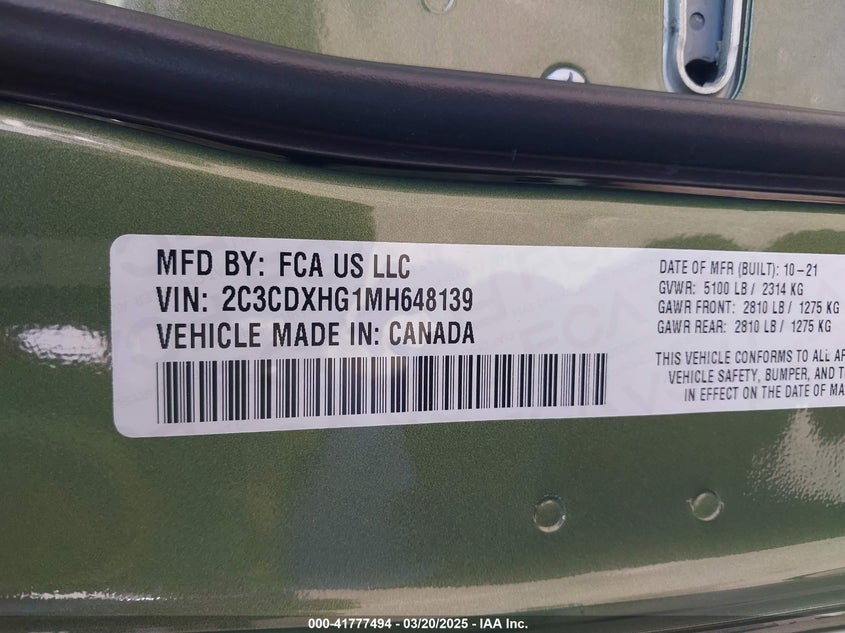 2021 DODGE CHARGER VIN: 2C3CDXHG1MH648139