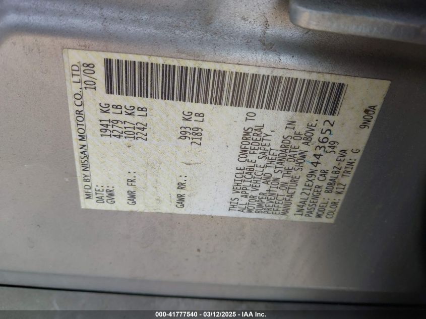 2009 Nissan Altima 2.5 S VIN: 1N4AL21EX9N443652 Lot: 41777540