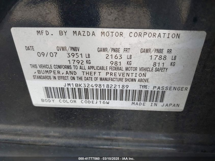 2008 Mazda Mazda3 S Grand Touring VIN: JM1BK324981822189 Lot: 41777560