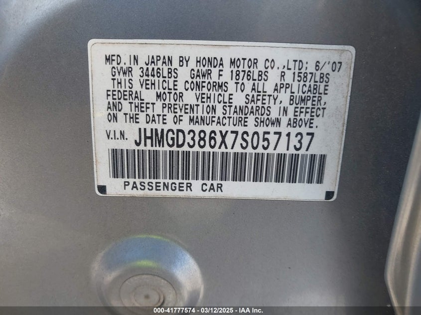 2007 HONDA FIT VIN: JHMGD386X7S057137
