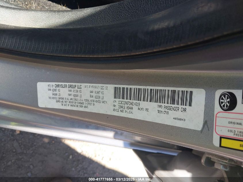 2013 Dodge Avenger Se VIN: 1C3CDZAB7DN614319 Lot: 41777655