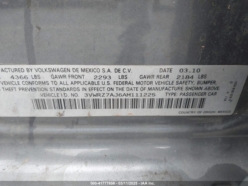 2010 VOLKSWAGEN JETTA VIN: 3VWRZ7AJ6AM111225