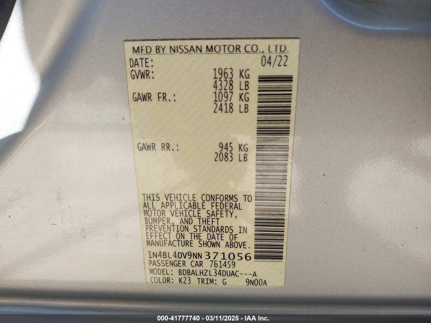 2022 NISSAN ALTIMA VIN: 1N4BL4DV9NN371056