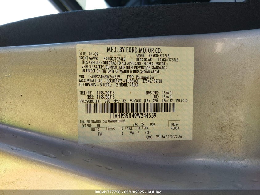 2009 FORD FOCUS VIN: 1FAHP35N49W244559