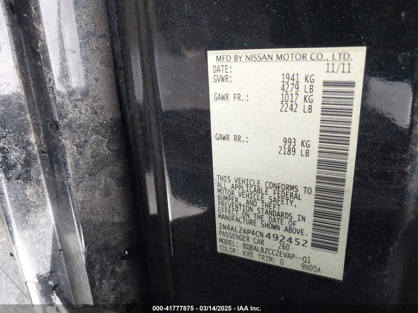 2012 NISSAN ALTIMA VIN: 1N4AL2AP4CN492452