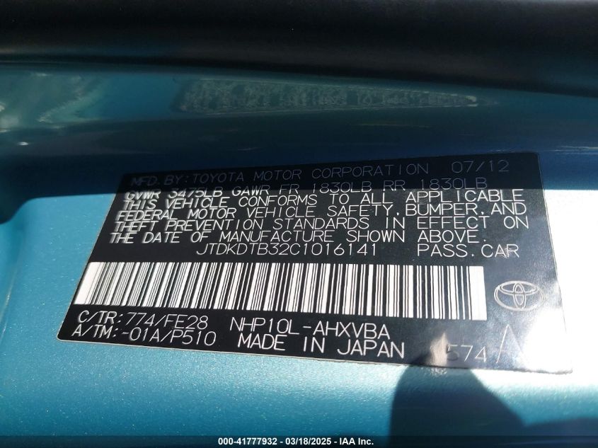 2012 Toyota Prius C One VIN: JTDKDTB32C1016141 Lot: 41777932