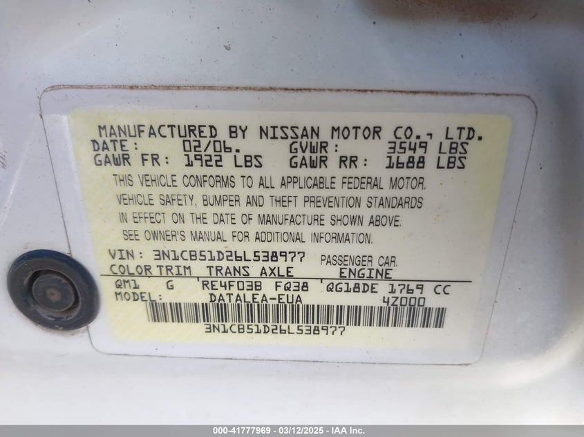 2006 NISSAN SENTRA VIN: 3N1CB51D26L538977