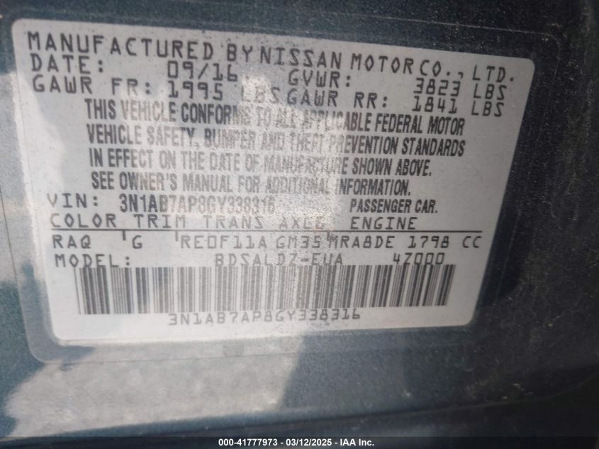 2016 Nissan Sentra Sv VIN: 3N1AB7AP8GY338316 Lot: 41777973