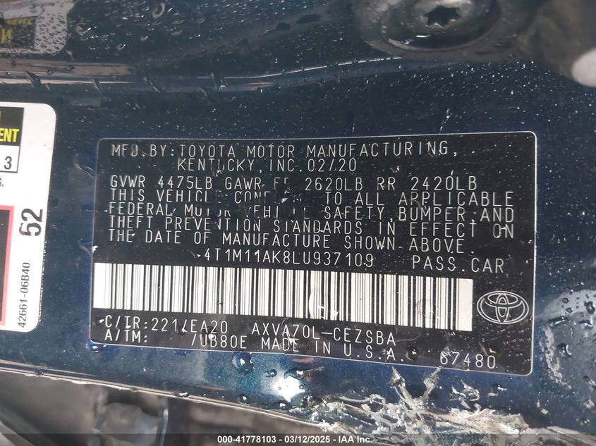 2020 TOYOTA CAMRY VIN: 4T1M11AK8LU937109