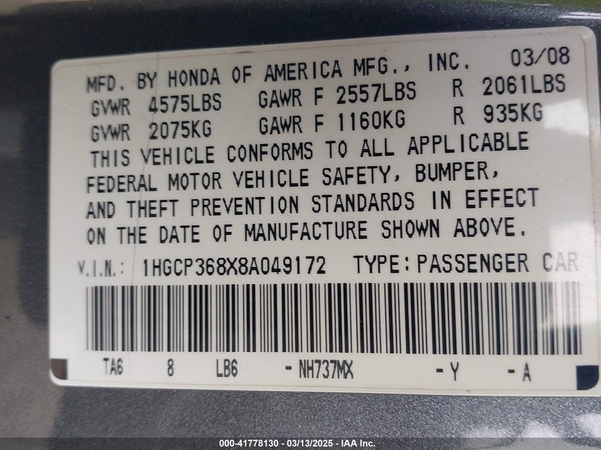 2008 HONDA ACCORD VIN: 1HGCP368X8A049172