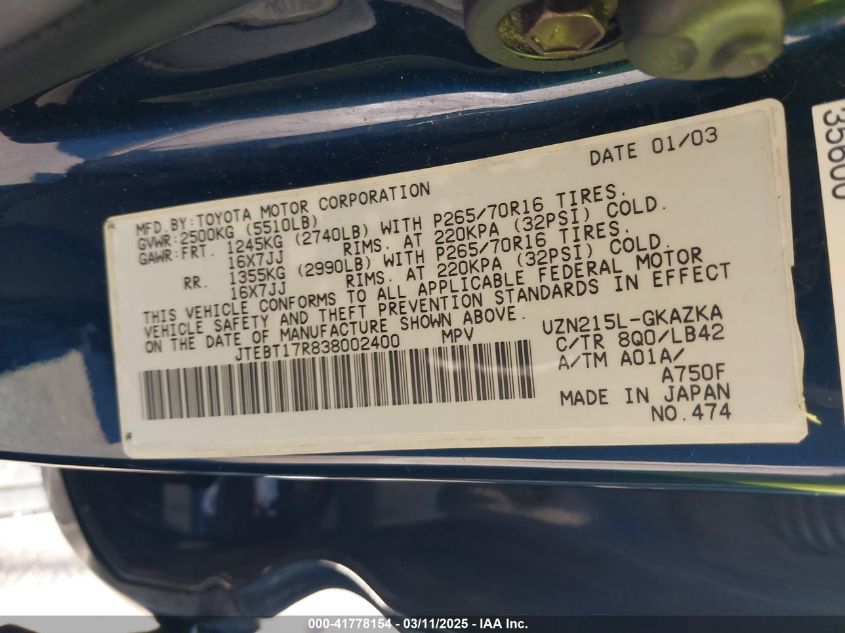 2003 Toyota 4Runner Limited V8 VIN: JTEBT17R838002400 Lot: 41778154