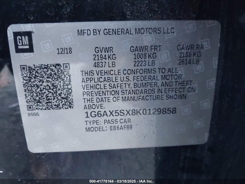 2019 CADILLAC CTS VIN: 1G6AX5SX8K0129858