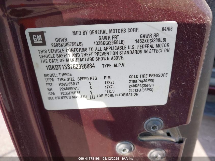 2006 GMC Envoy Sle VIN: 1GKDT13S762328884 Lot: 41778198