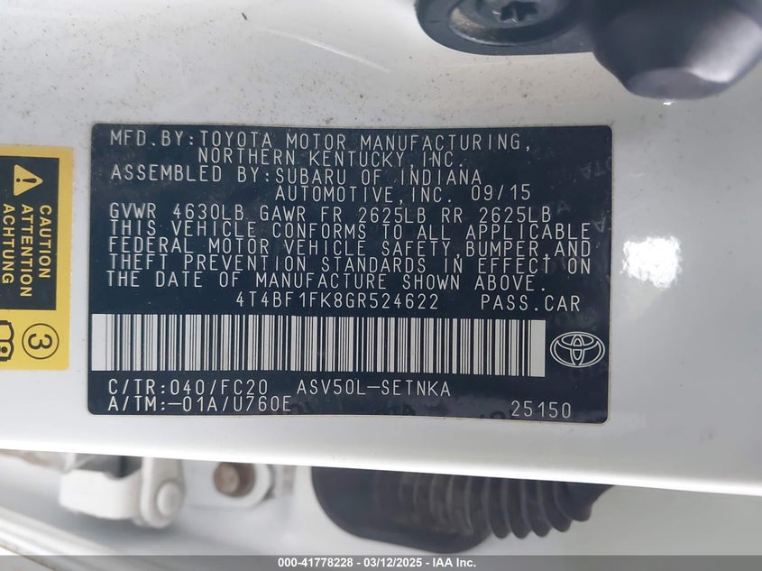 2016 TOYOTA CAMRY VIN: 4T4BF1FK8GR524622