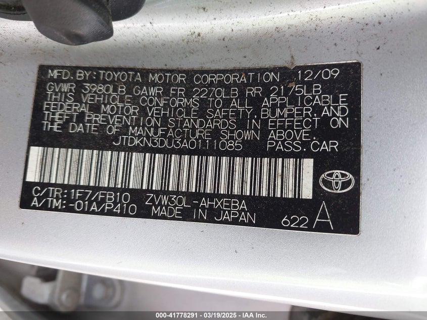 2010 TOYOTA PRIUS VIN: JTDKN3DU3A0111085