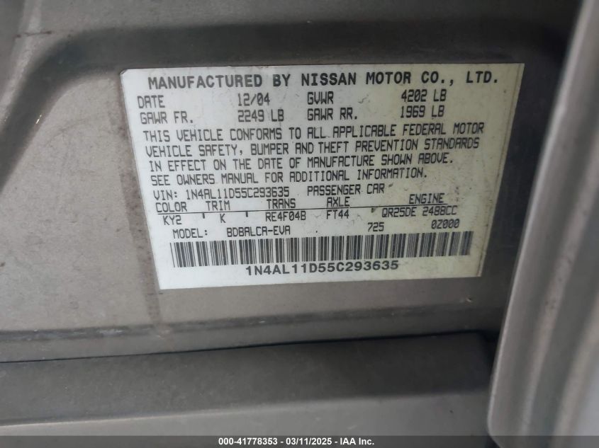 2005 Nissan Altima 2.5 S VIN: 1N4AL11D55C293635 Lot: 41778353