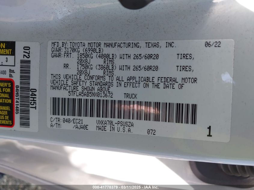 2022 Toyota Tundra - 5TFLA5AB5NX013672