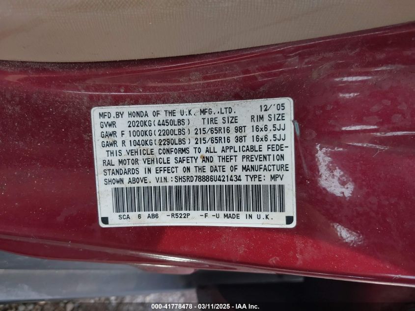 2006 Honda Cr-V Ex VIN: SHSRD78886U421434 Lot: 41778478