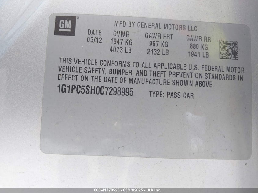 2012 CHEVROLET CRUZE VIN: 1G1PC5SH0C7298995