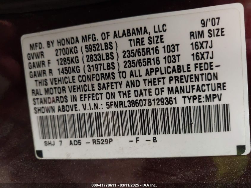 2007 Honda Odyssey Ex-L VIN: 5FNRL38607B129361 Lot: 41778611