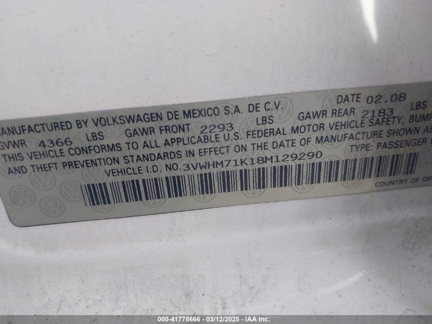 2008 Volkswagen Jetta S VIN: 3VWHM71K18M129290 Lot: 41778666