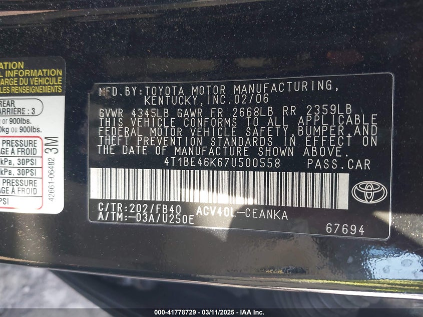 2007 TOYOTA CAMRY VIN: 4T1BE46K67U500558