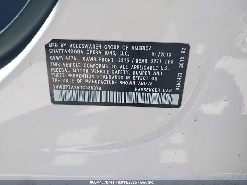 2013 VOLKSWAGEN PASSAT 2.5L SE - 1VWBP7A35DC086378