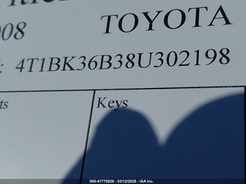 2008 TOYOTA AVALON VIN: 4T1BK36B38U302198