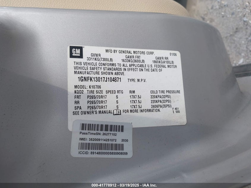 2007 Chevrolet Tahoe Lt VIN: 1GNFK13017J104871 Lot: 41778912