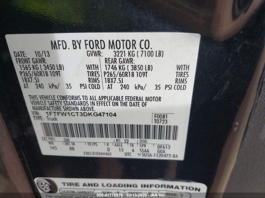 2013 Ford F-150 Fx2 VIN: 1FTFW1CT3DKG47104 Lot: 41778976