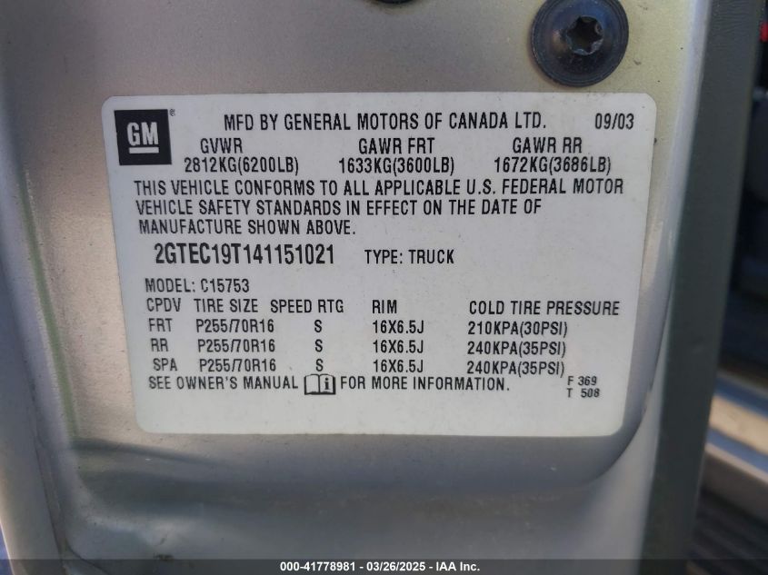 2004 GMC Sierra 1500 Sle VIN: 2GTEC19T141151021 Lot: 41778981