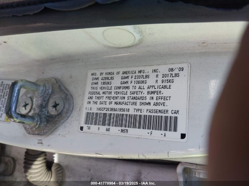 2009 Honda Accord 2.4 Lx VIN: 1HGCP26389A195618 Lot: 41778984